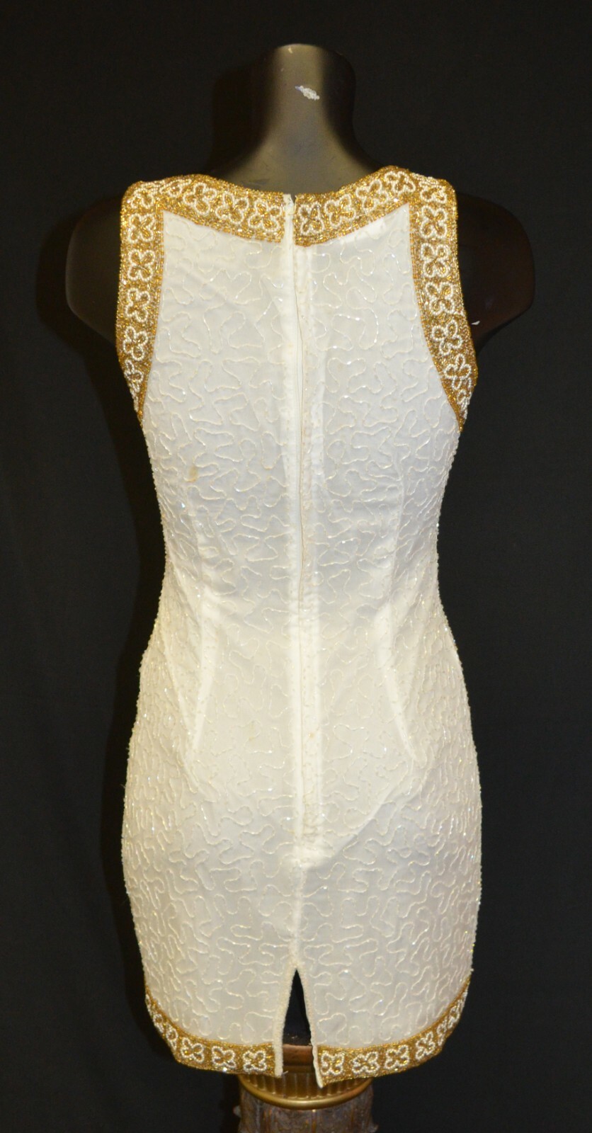 Laurence Kazar Vintage 80s White & Gold Silk Beaded Party Prom Formal Dress PS