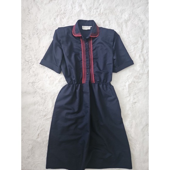 Vintage 80s Schrader Sport Navy Shirtdress | Red Trim | Size 10 | Made in USA
