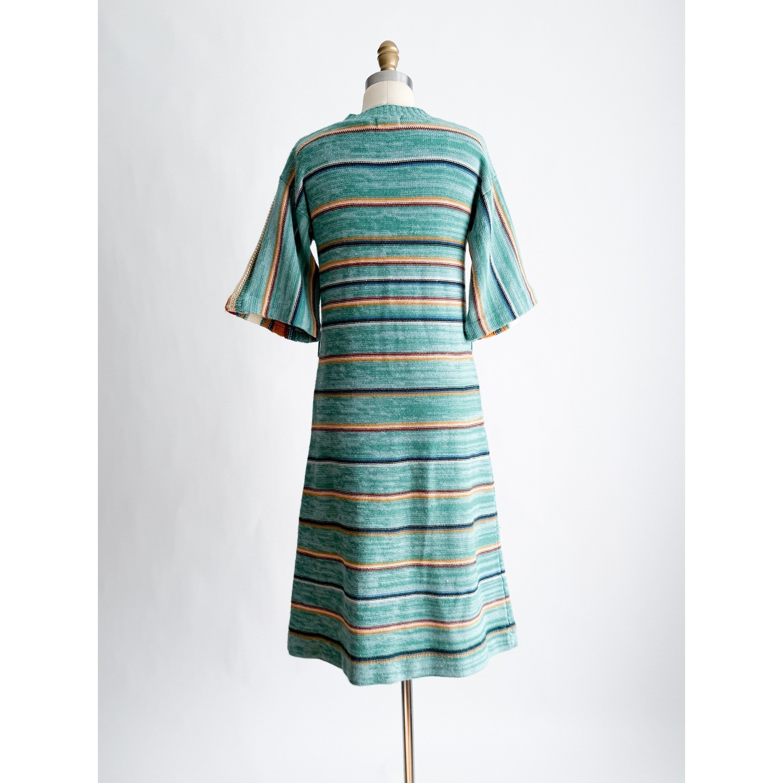 Albee Vintage 70s Knit Midi Dress Boho Striped Bell Sleeve L Teal Orange Retro