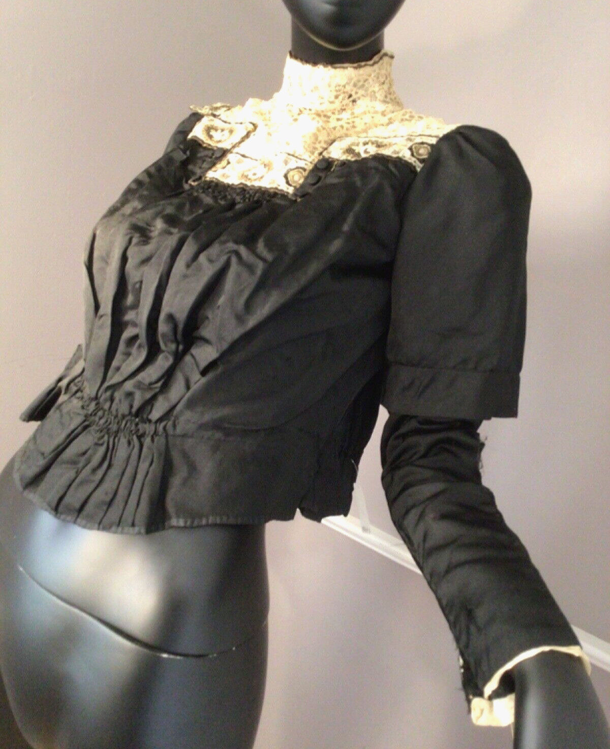 Authentic Vintage Black Silk Faille Gibson Girl Era Bodice (E-12)