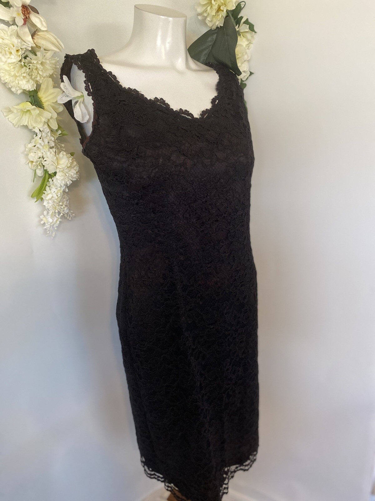 Vintage 1980’s Expo Nite Black Lace Sexy Midi Sheath Dress Size 12 Pin Up EUC