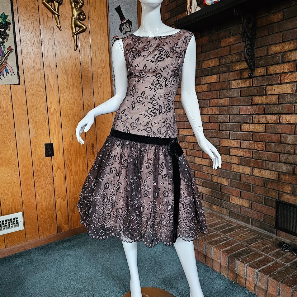 Vtg 50s Flocked Illusion Pink & Black Drop Waist Bubble Prom Cocktail Dress S/M