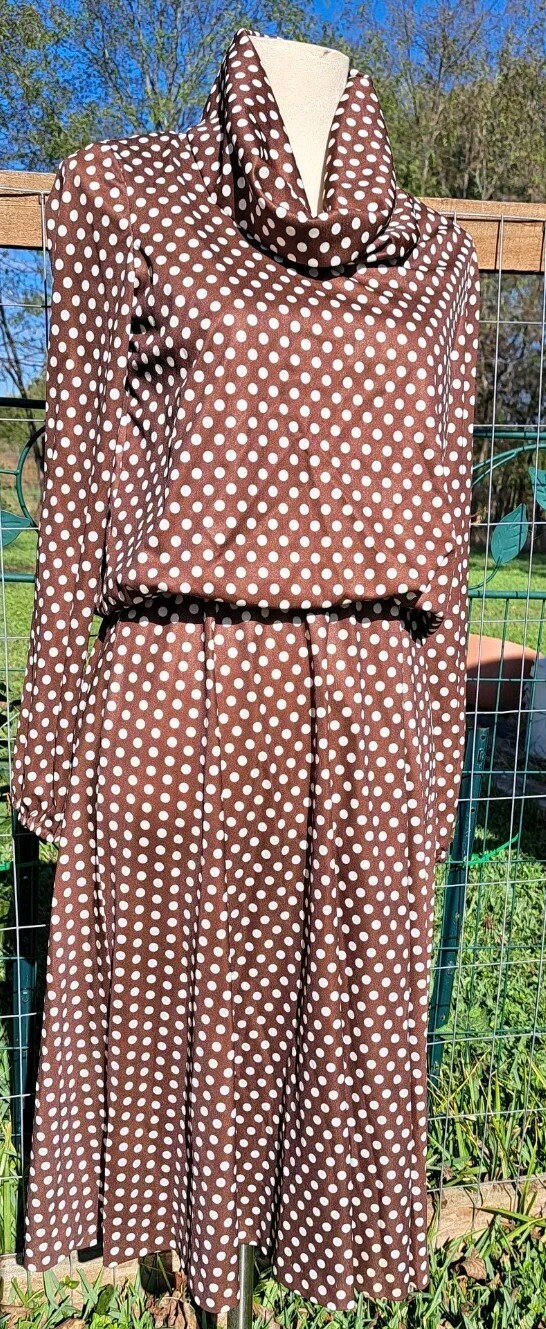 Vintage 70s Brown and White Polka Dot Puffy Dress S/M Long Flow Skirt