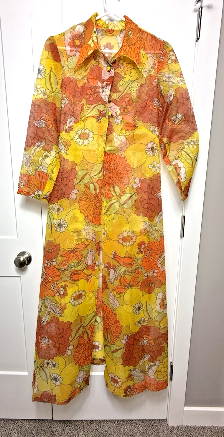 Vtg 60’S Groovy Orange Yellow Sheer Floral Maxi Dress Stiff Chiffon Long Jacket