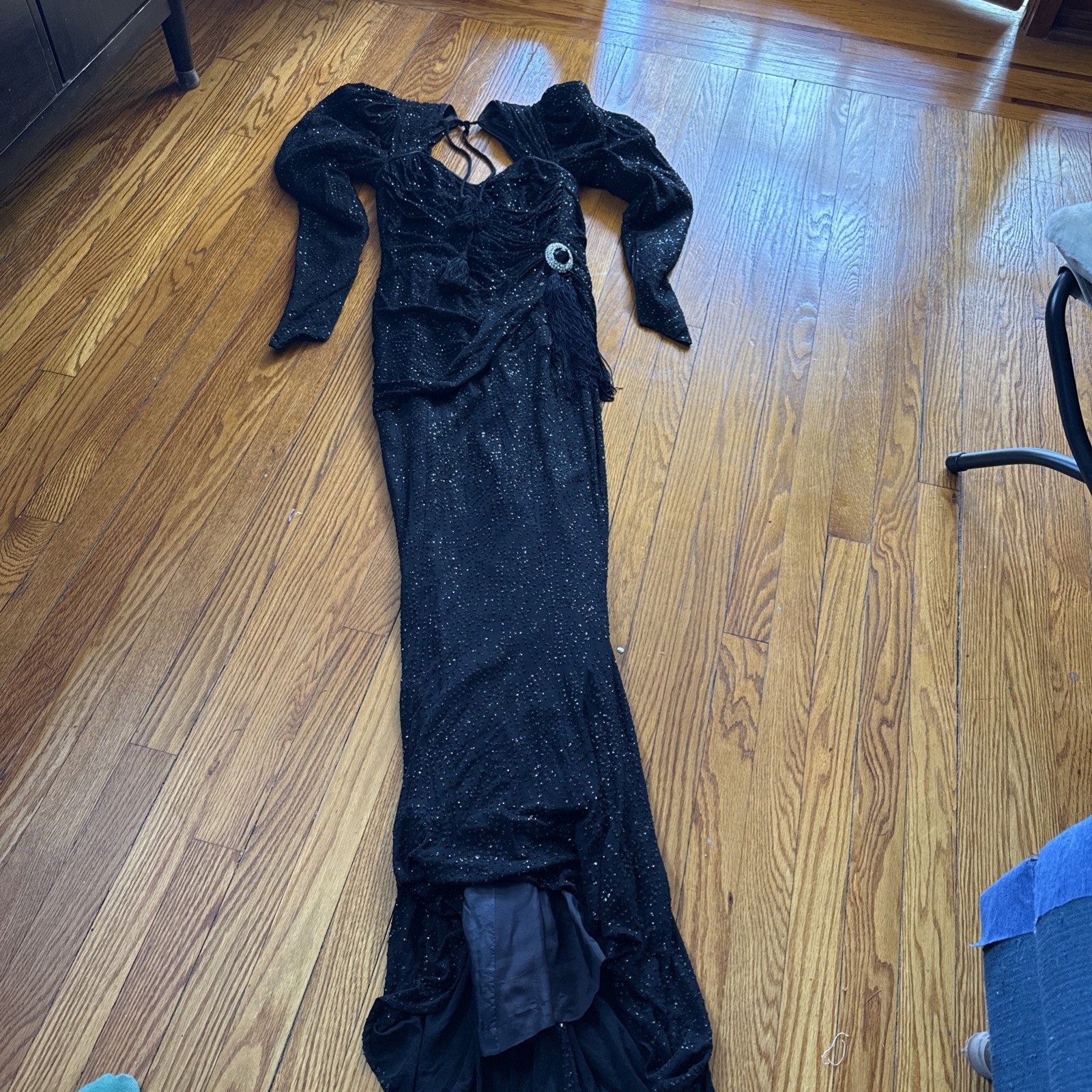 Vintage Claude Petin Paris Black Beaded Rhinestone EvnGown Cocktail Dress Tassel