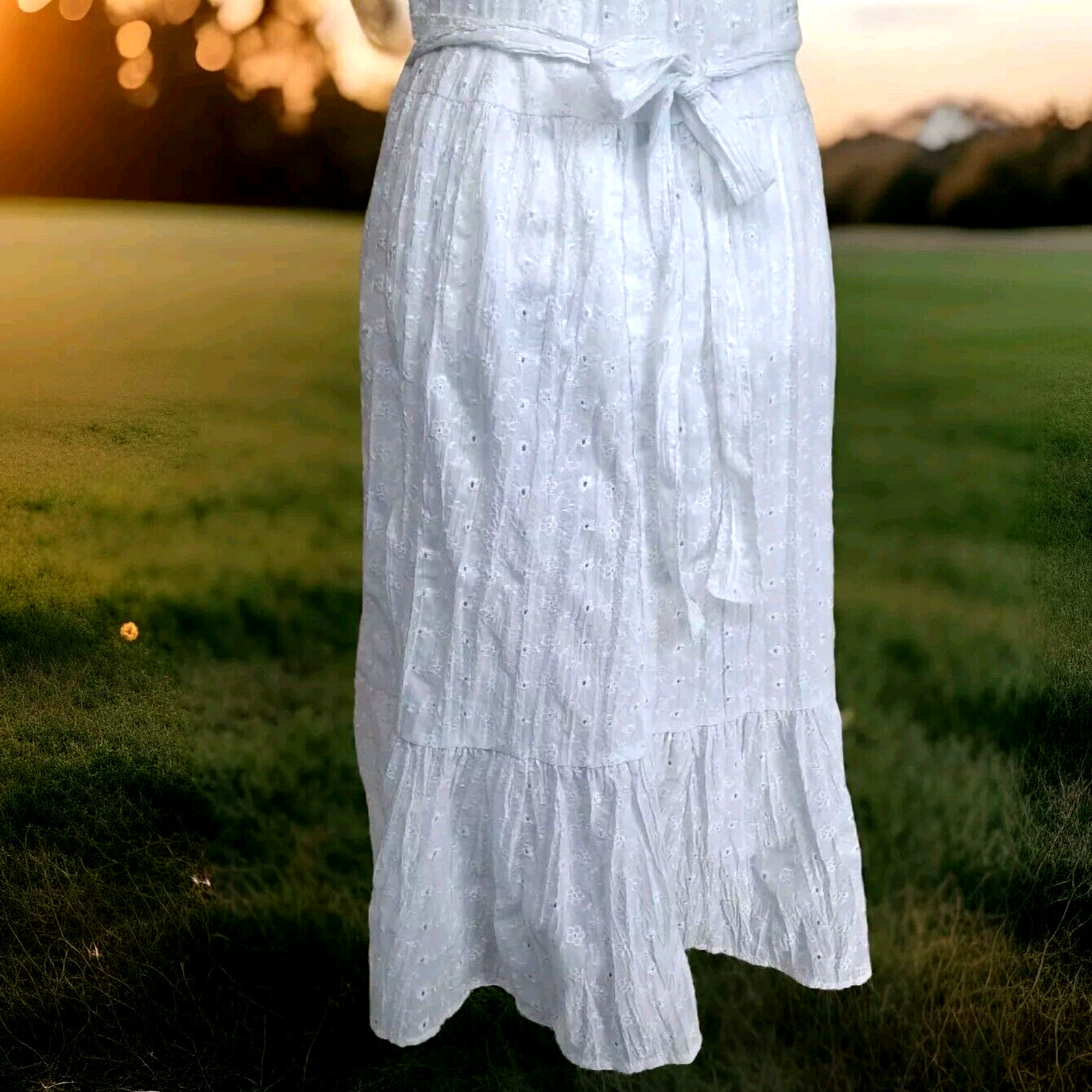 Vtg Eyelet Lace Ruffle Bow Pinafore Midi Dress Sz M White Cottagecore Coquette