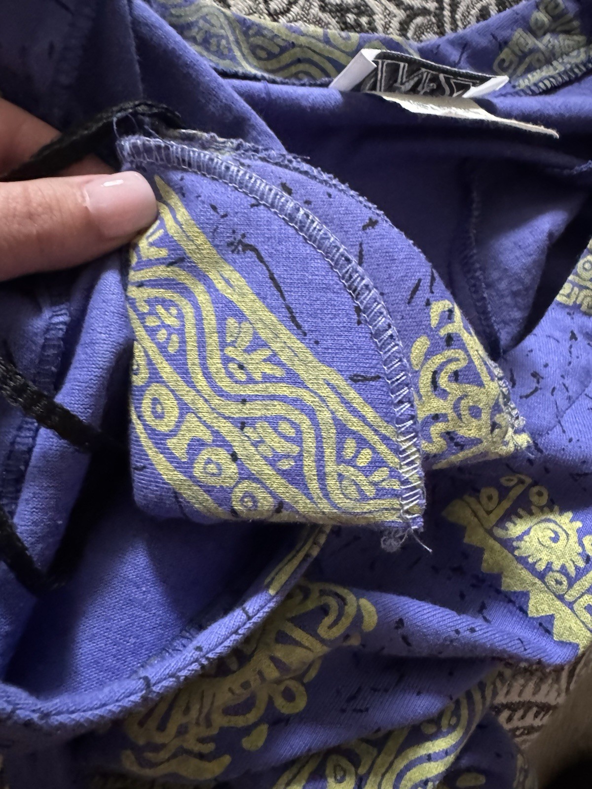Vintage 90s IN2 Crop Top Womens Small Purple Green Batik Cotton V-Neck Made USA
