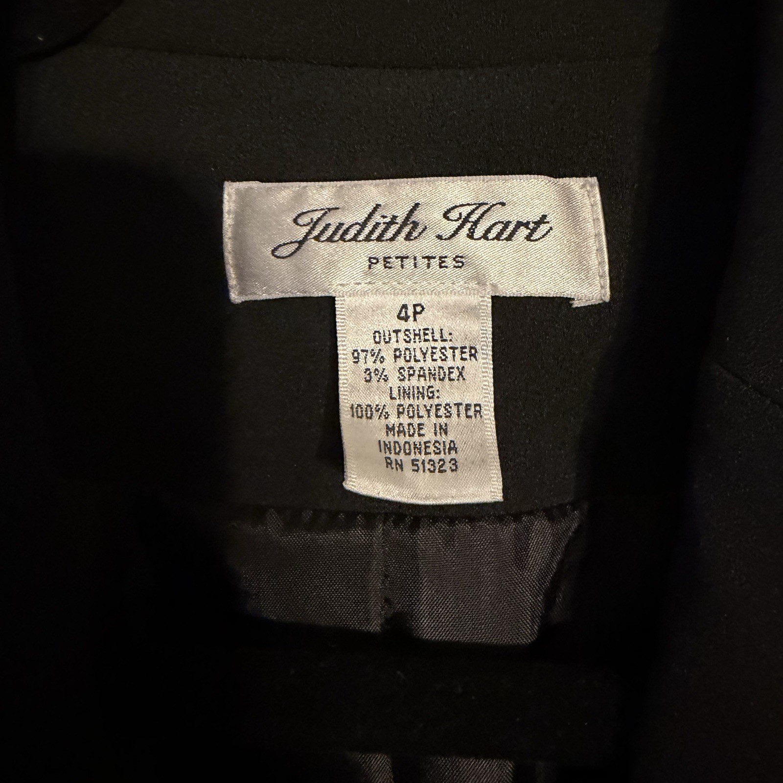 JUDITH HART Black Open Front Blazer Jacket Women’s Petite Sz 4P Notched Collar