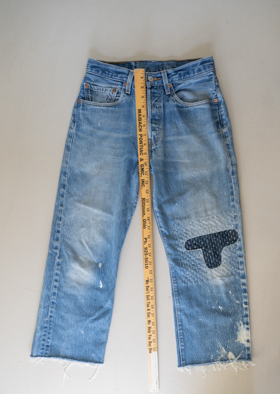 Levi’s 501 Jeans 28 Custom Cropped Sashiko Patched Paint Splatter Distressed