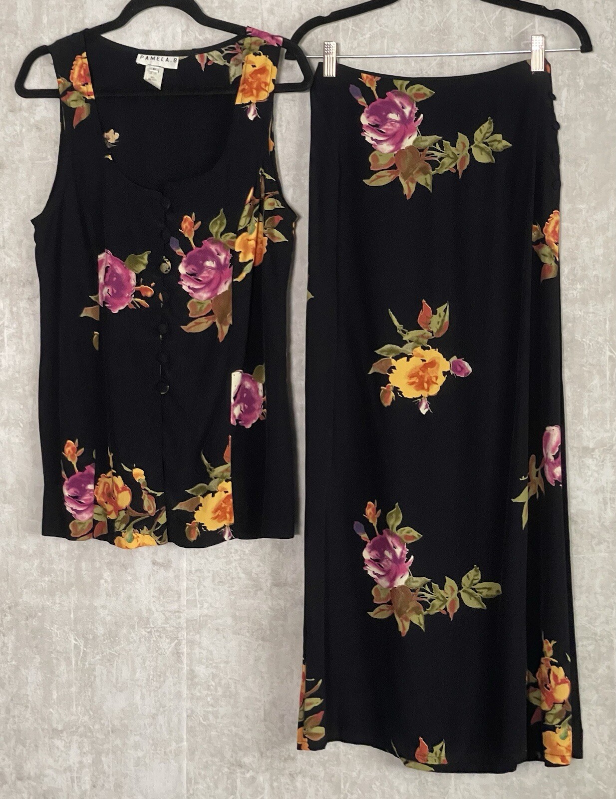 VTG Pamela.B Button Up Blouse/Side Button Blk Floral Maxi Skirt Set Size 6.