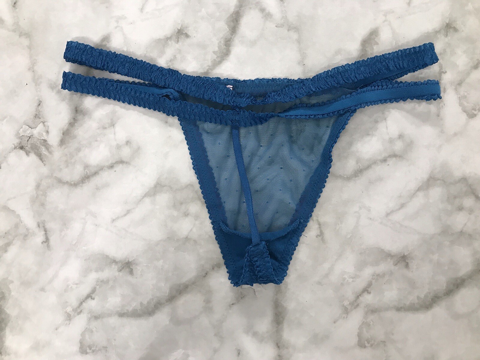 Vintage Thong String Polka Dot Size Medium Blue Double Straps Mesh very Rare!