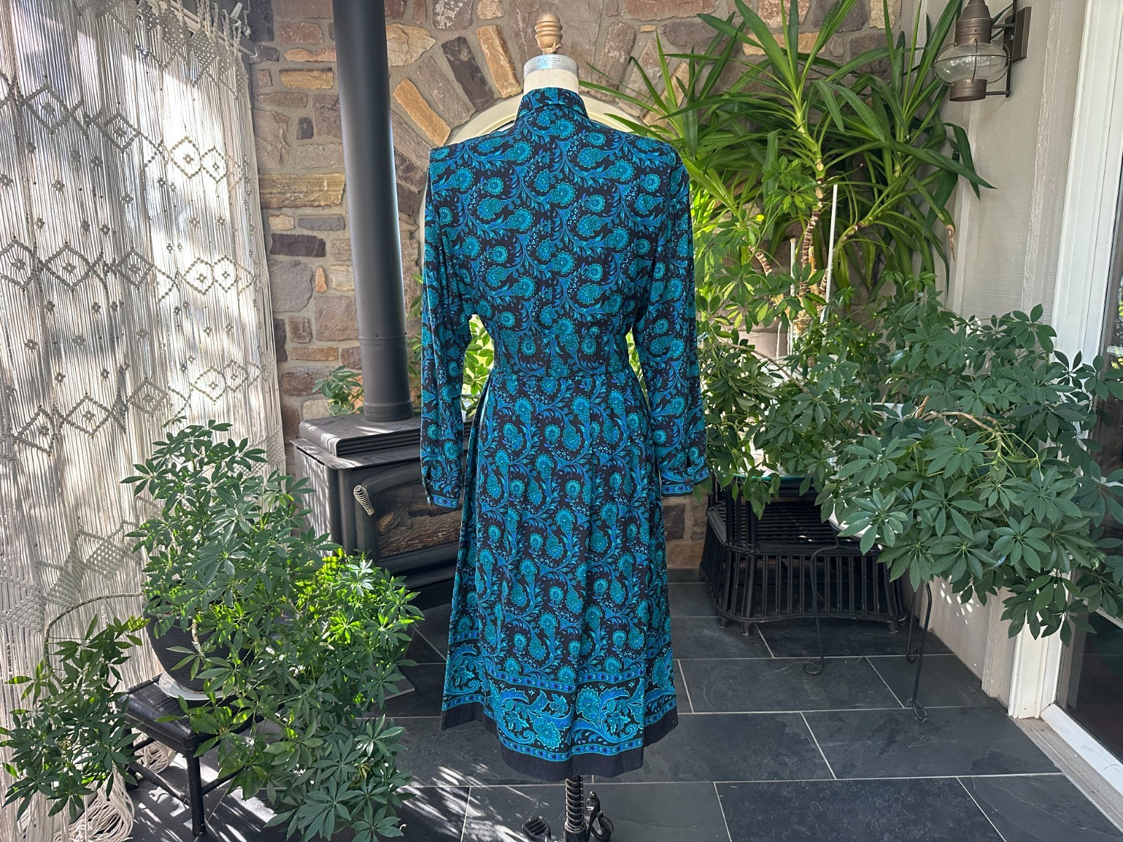Vintage 1980s Black Blue and Green Floral Rayon Wide Belt Dress California Girl