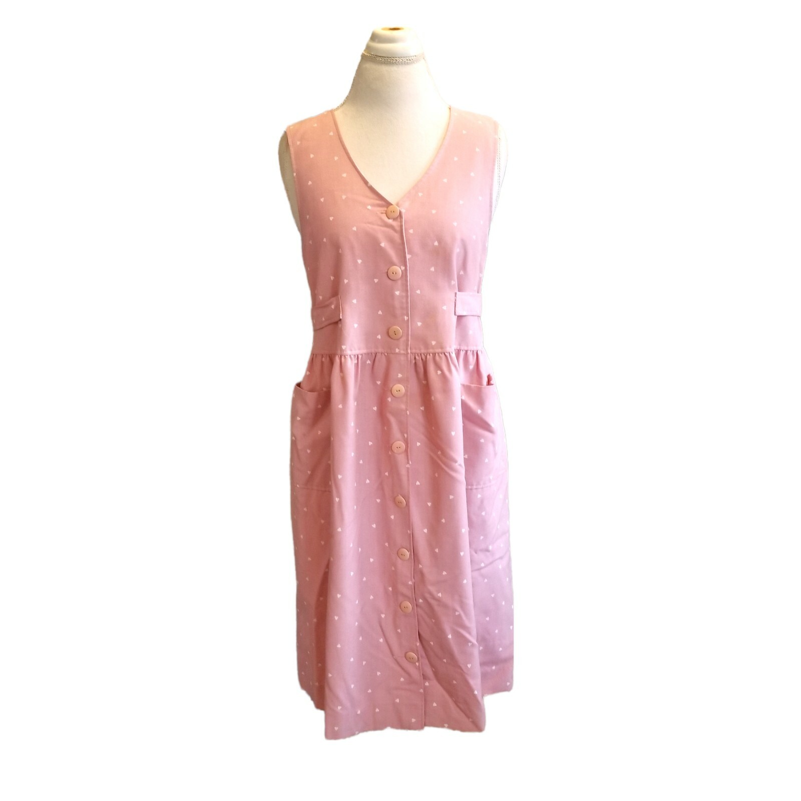 Vintage 90s Pastel Pink Heart Print Shirt Dress Belted Pockets Soft Girl Kawaii