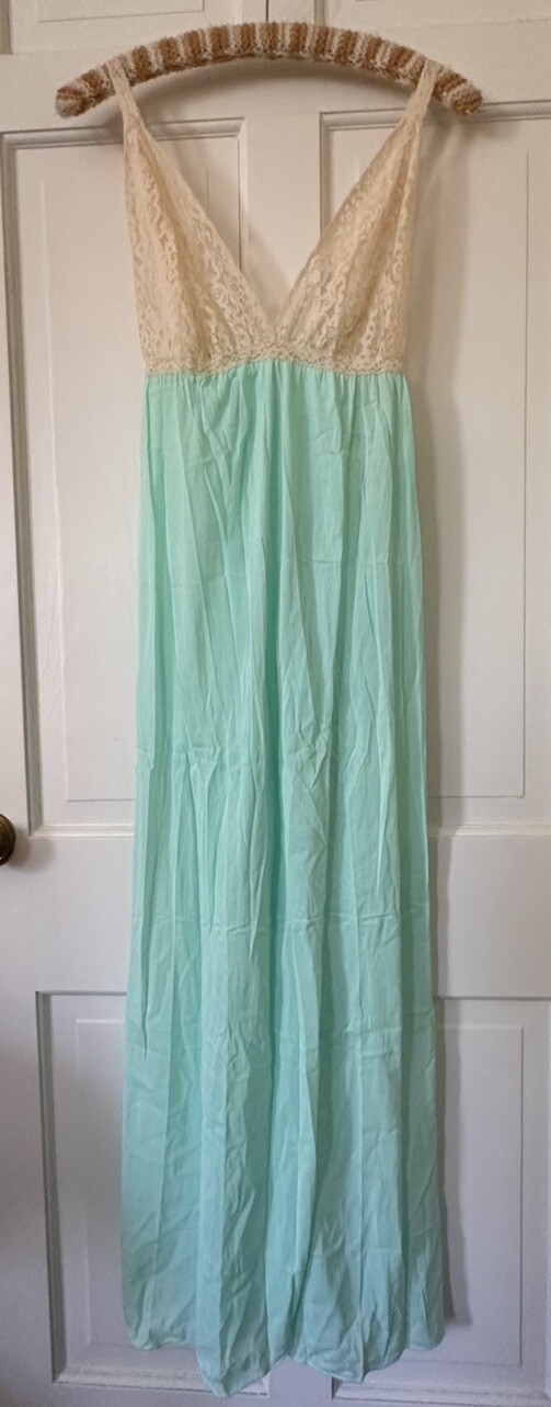 Vtg 70s 80s Turquoise Nylon Sexy Long Nightgown Sheer Lace S M Olga Style