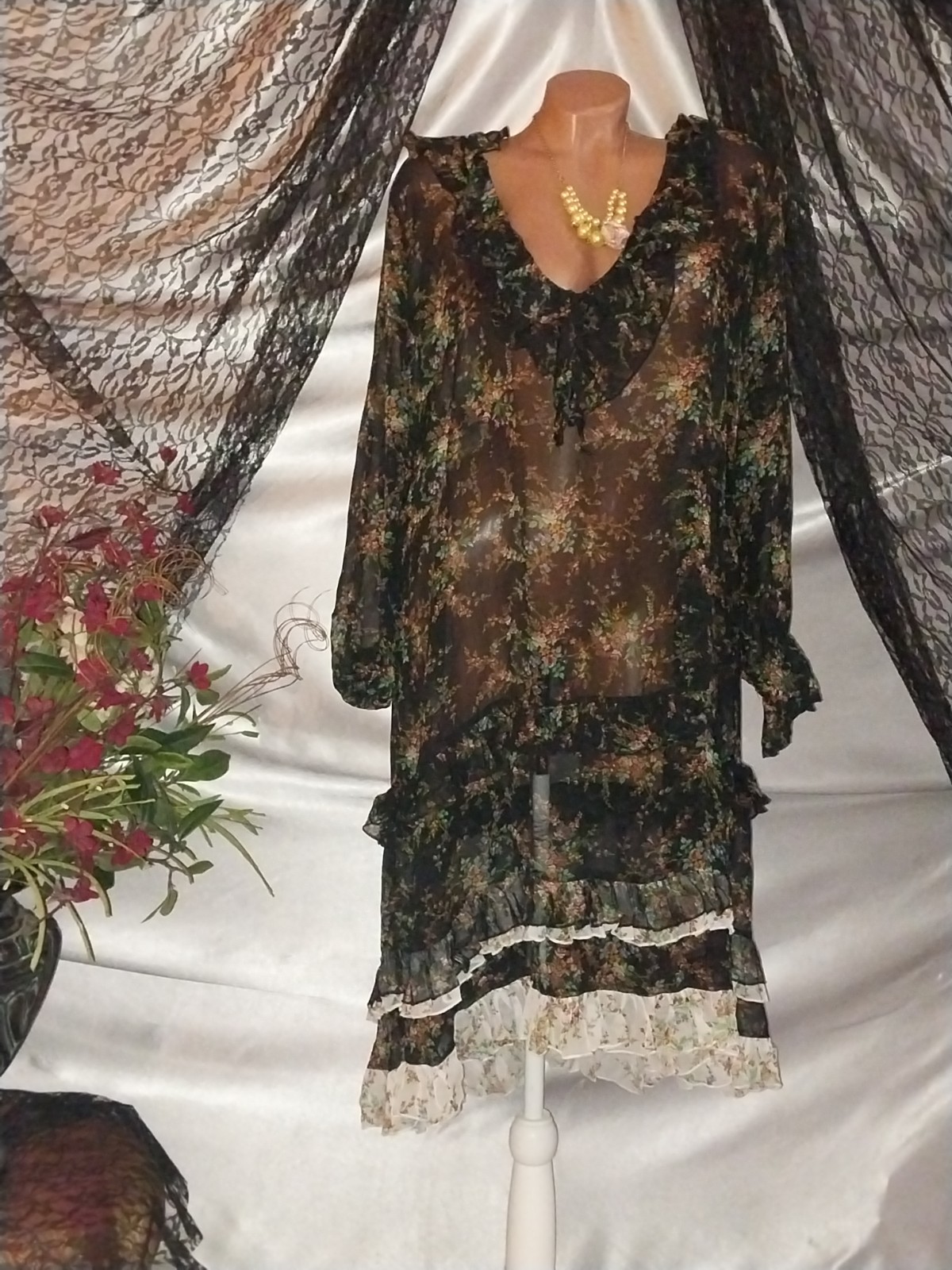 Vtg Silky Nylon Viscose CHIFFON Jade Floral Opaque Ruffles Poets Nightgown 48″