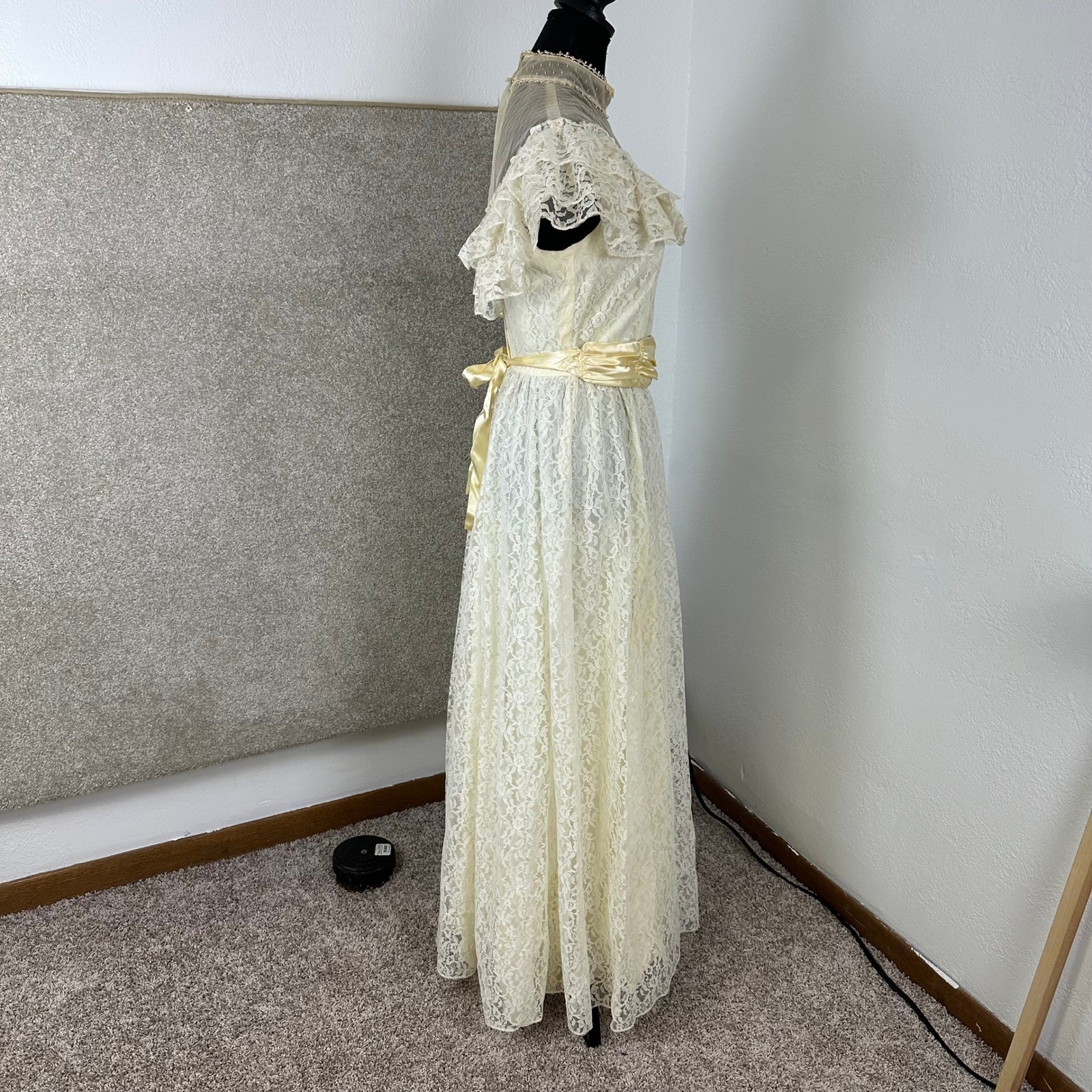 Vintage Candi Jones California Lace Maxi Dress Yellow Sash Victorian Prairie 9