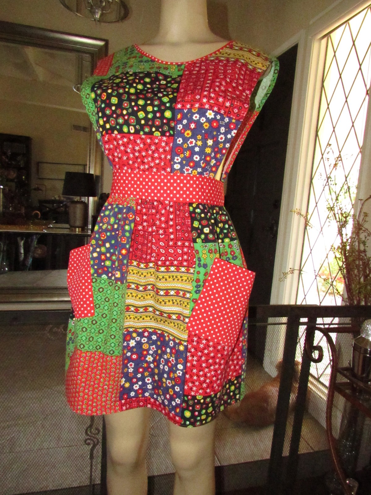 Vtg Design House Patchwork Pinafore Apron Dress Cottagecore w/pockets