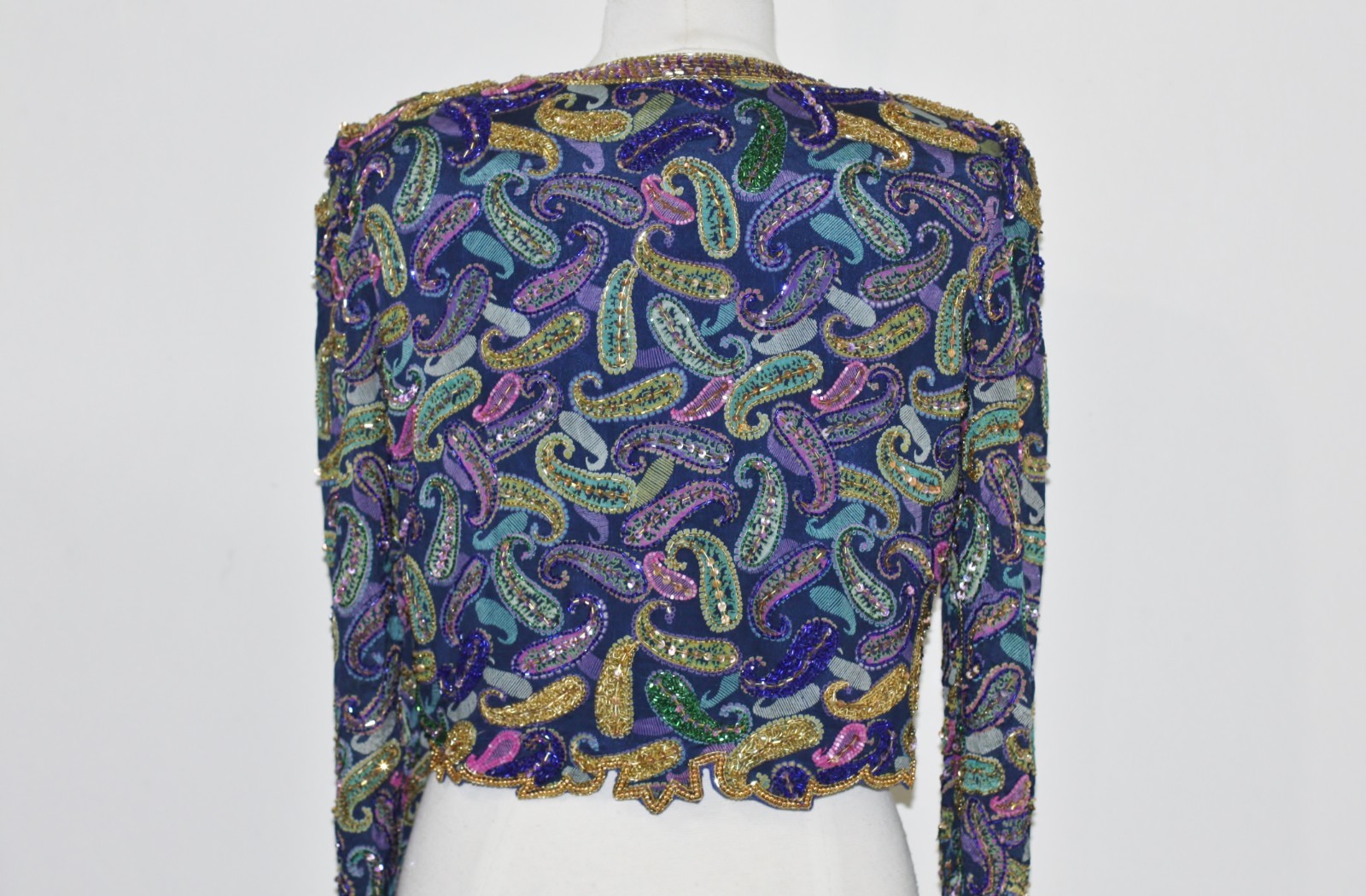 Jasdee Vintage Bolero Jacket Hand Work Bead & Sequins & Hand Print On Silk #2093