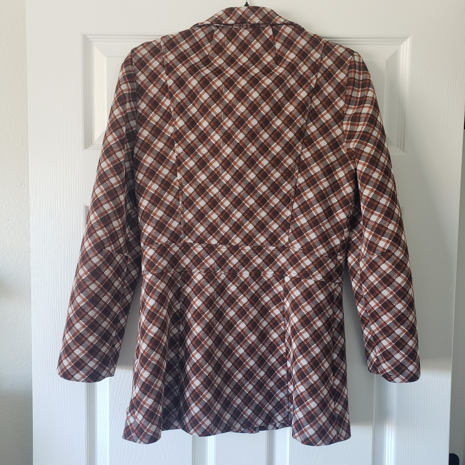 1970s M/L Vintage Dark Brown Burnt Orange Cream Autumn Fall Rust Plaid Peacoat