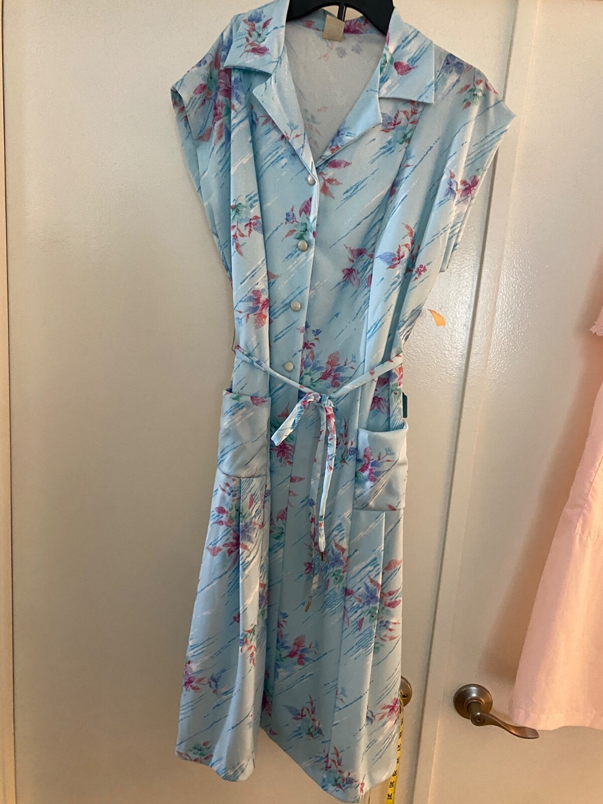 VTG 70s House Dress Women Floral Vneck Collar Button Tie Waist Blue Pink Floral