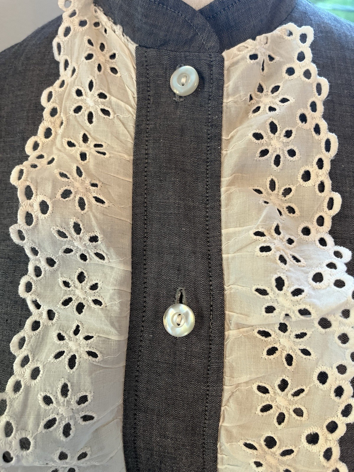 Vintage Shirt Dress Dandy Lace Ruffle Tuxedo Eyelet 60’s Chic S 4 Gray White