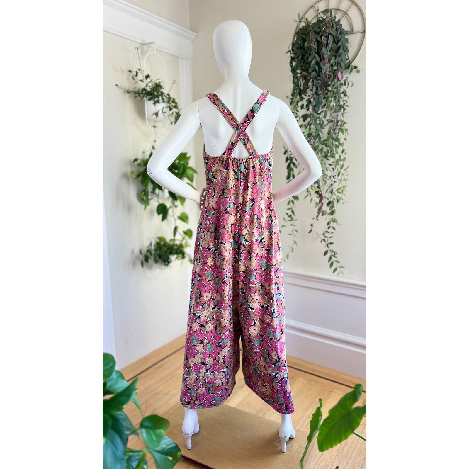 Vintage 1990s Jumpsuit 90s Floral Print Wide Leg Palazzo Romper Pink Cotton