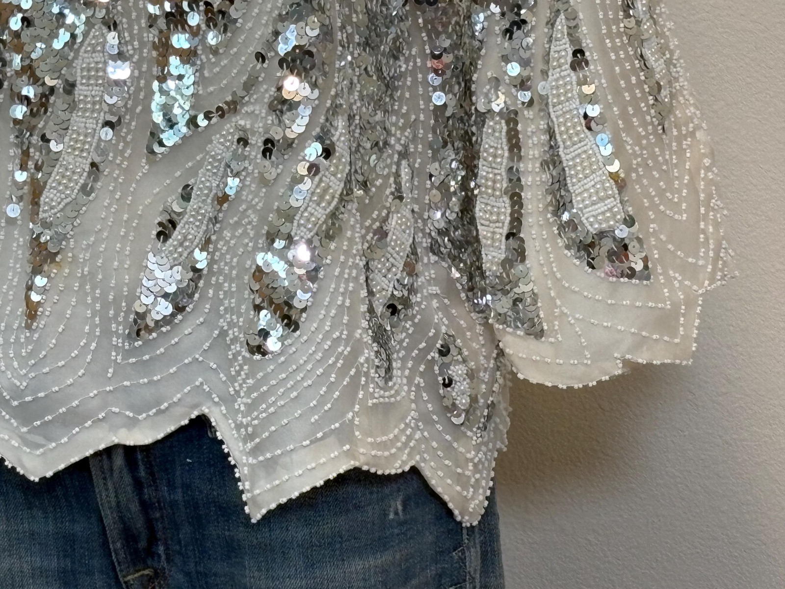 Vintage 80s Beaded Silk Top, White Silver Sequin Disco Tee, Sparkle Top
