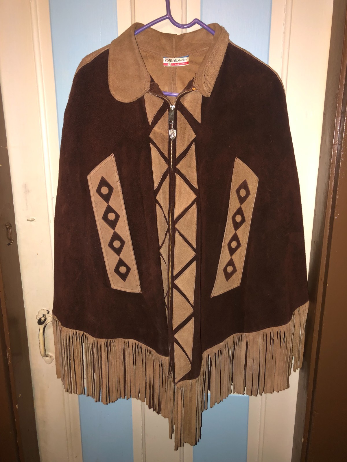 Vintage 40’s-50’s Penney’s Leather 2-Tone Suede Zip Front Fringed Poncho Mexico