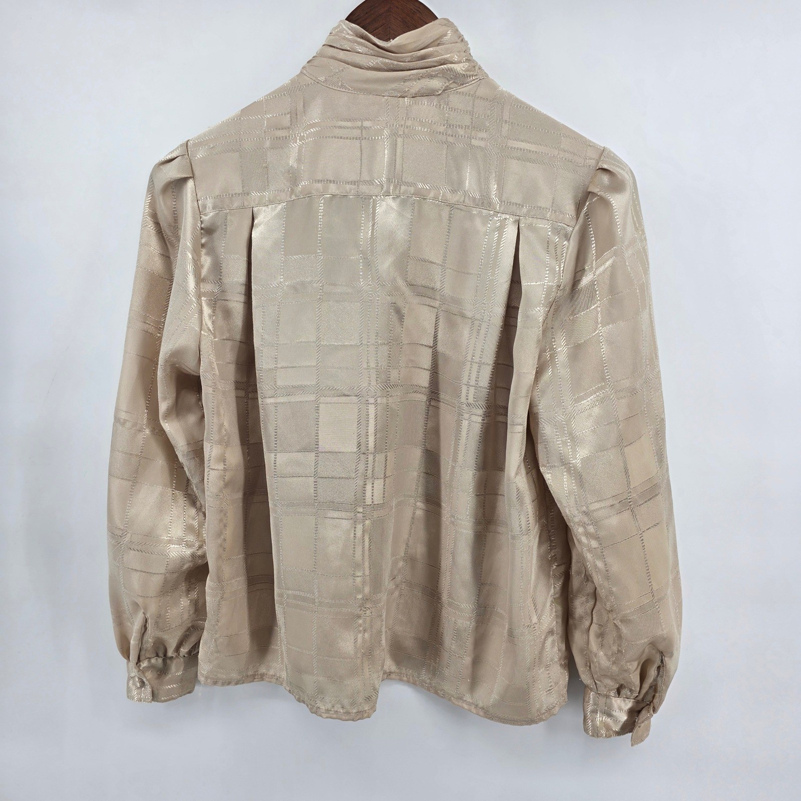Yves St Clair Petites Vintage Champagne Metallic Plaid High Neck Blouse 4P