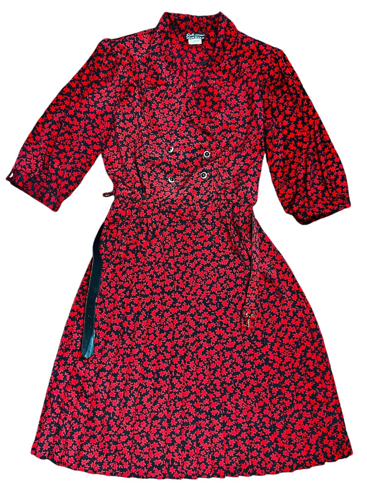 90s BRELI ORIGINALS Size 16 Pleated Skirt SHIRT DRESS Red-Black Floral
