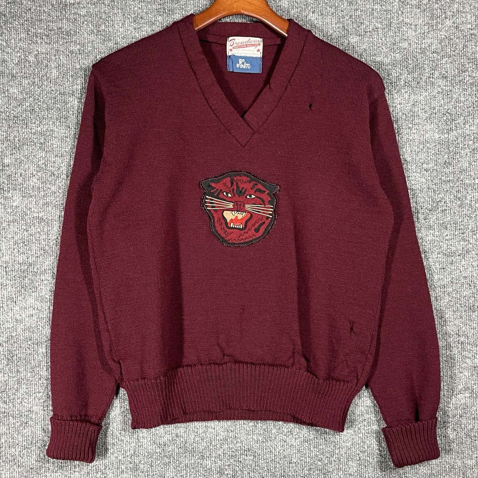 VINTAGE 80s Varsity Cheerleading Sweater Wool Knit Tigers Chenille Patch