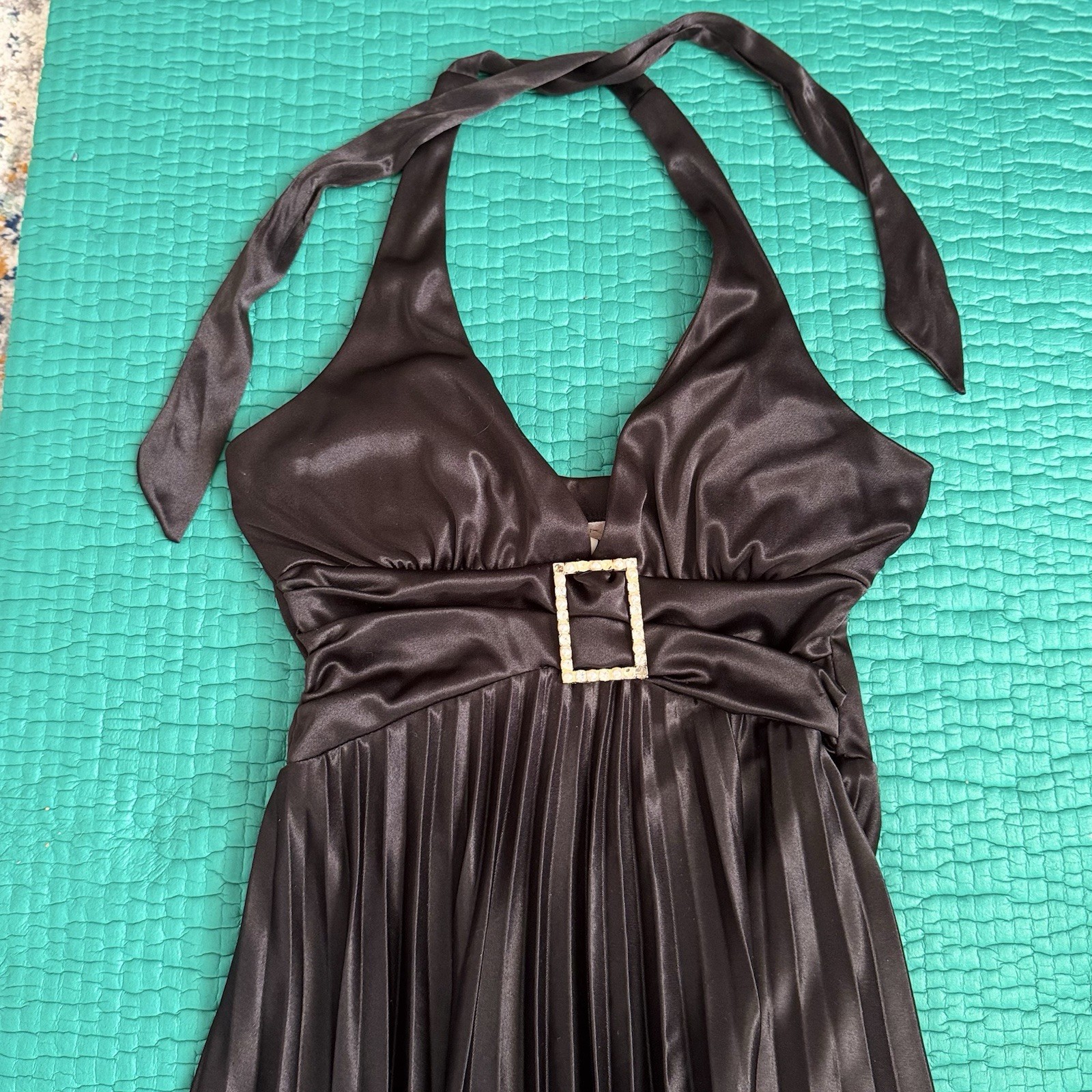Vintage Y2K Speechless Midi Party Dress Halter Pleated Satin Black Sz S 2000s