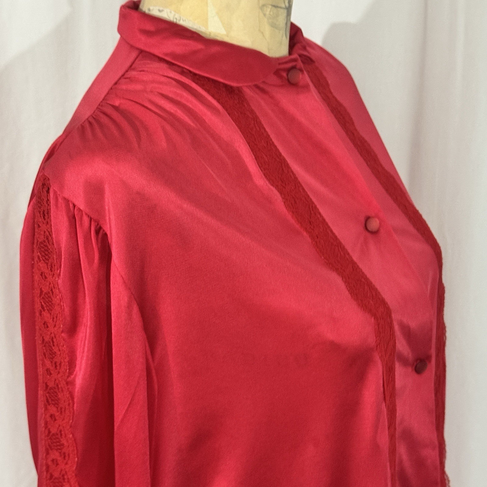 VTG NANCY KING Lingerie Bed Jacket Blouse Sz M Red Lace Peter Pan Collar Sleeves