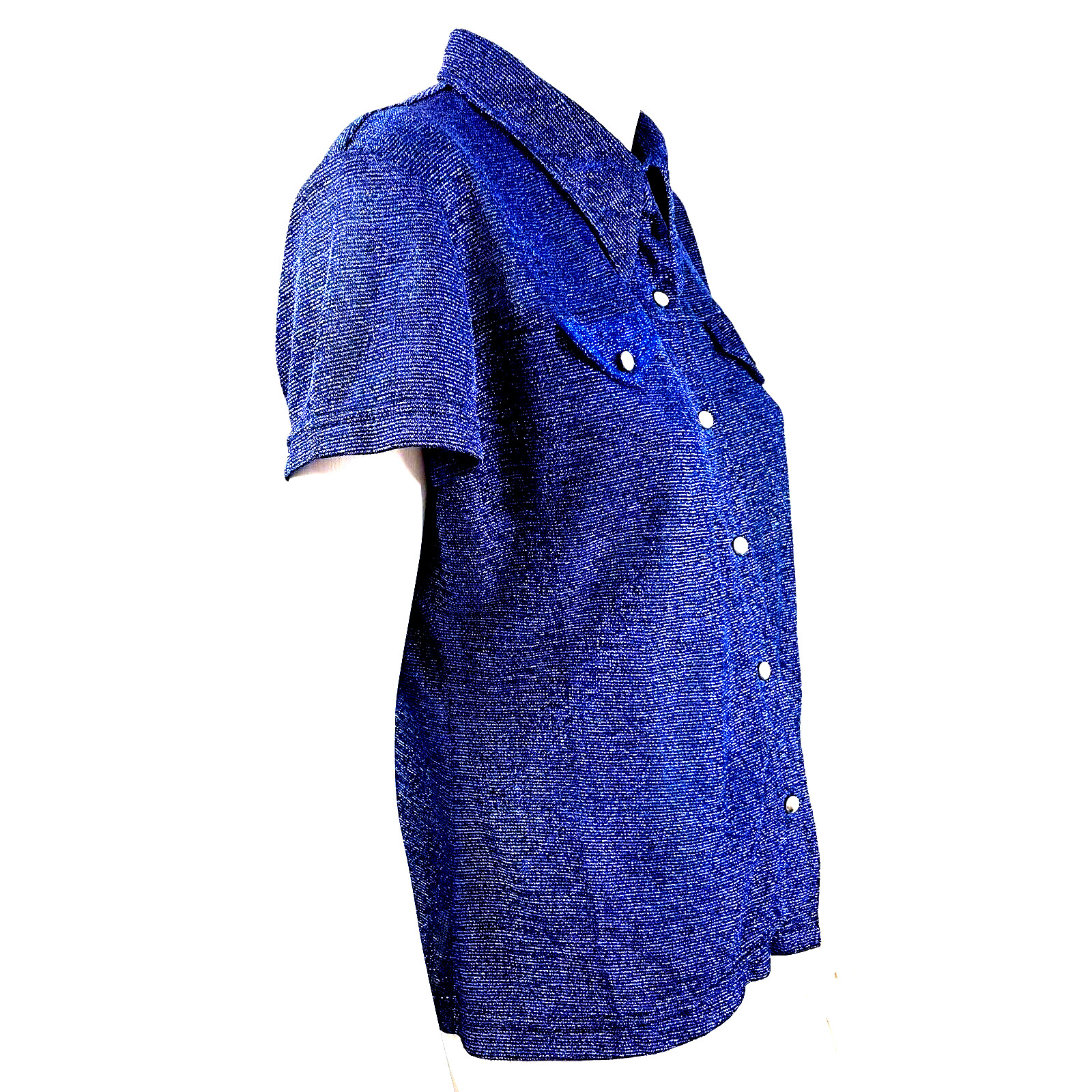 Vintage Blue Lurex Blouse Westco Collared Short Sleeve Button Up Shirt 1980’s