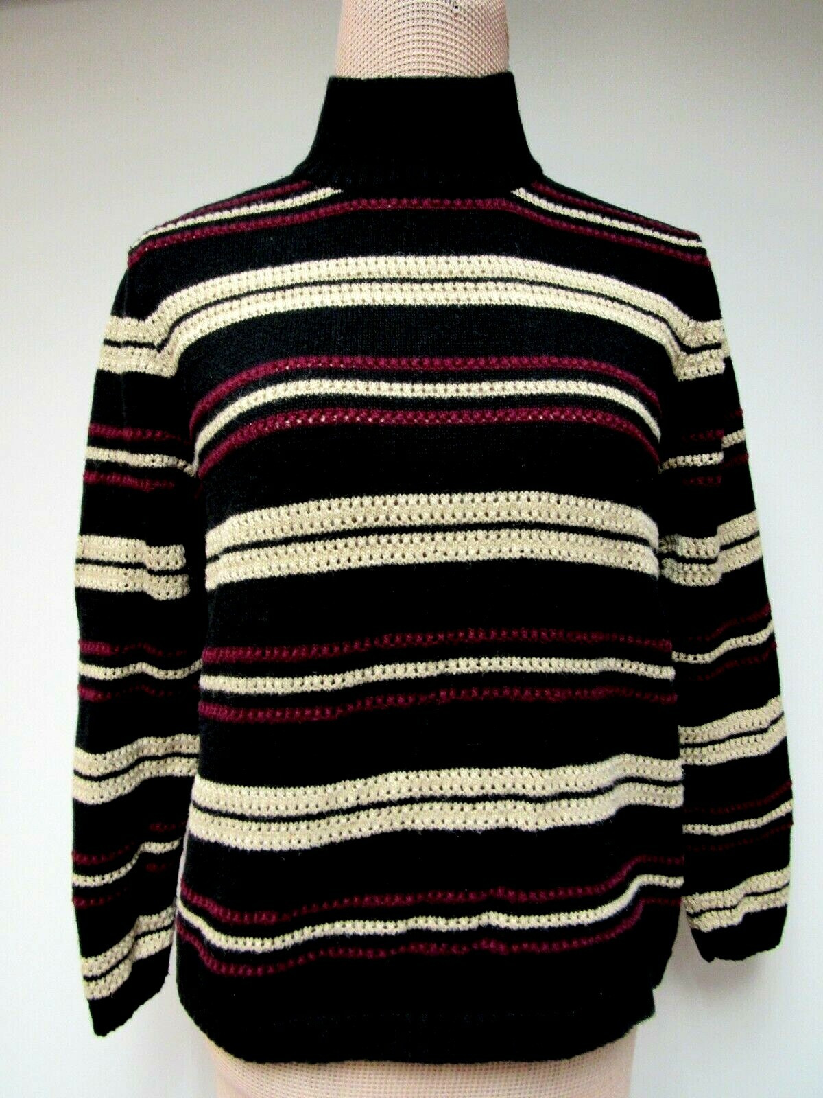 VTG Maroon Cotton Blend Open Knit Sweater Top Mock Turtleneck Black Beige M EUC
