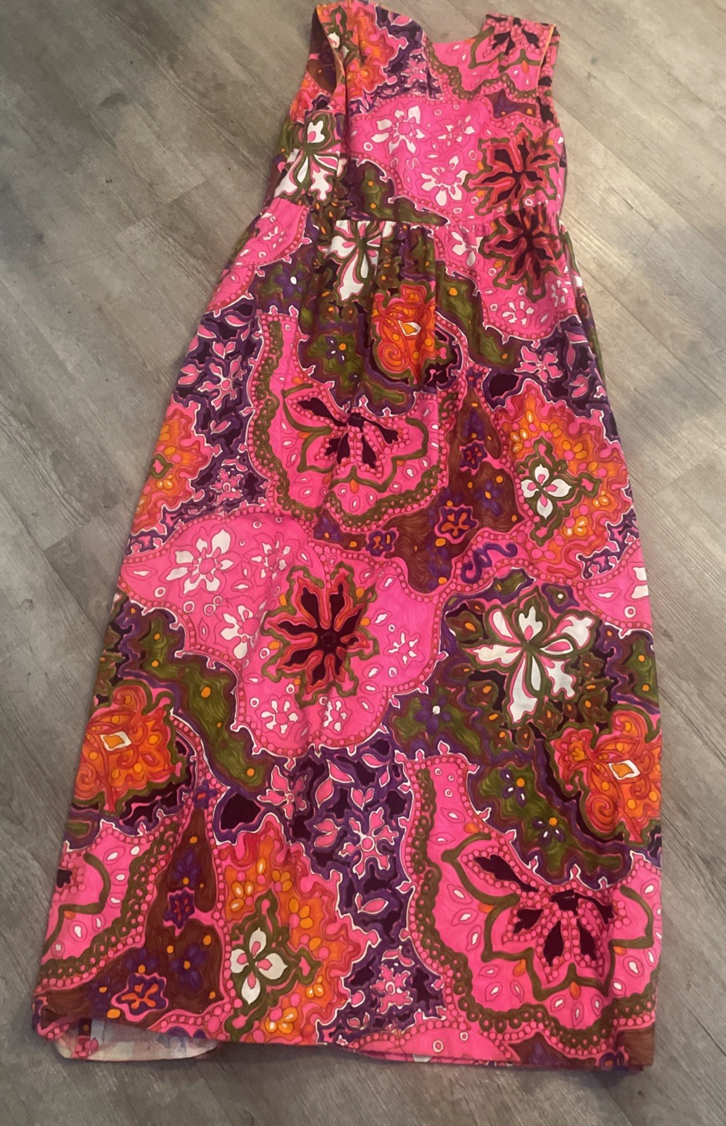 Vtg Sleeveless Maxi Dress Hot Pink Multicolor Psychedelic Print Barkcloth Lg