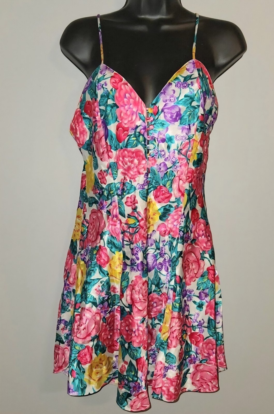 Vtg 90s Sleep Solutions Baby Doll Sleeveless Nightgown Floral Satin Womens Small