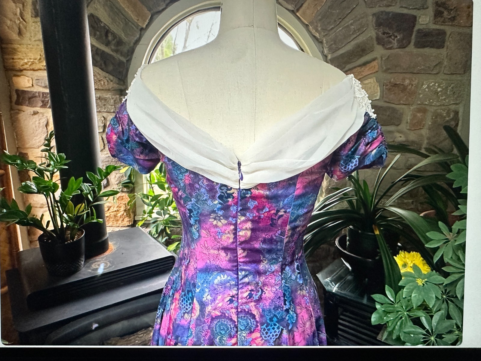 Vintage 1980s Off Shoulder Dress Deep Plum Blue Gold Print Chiffon Lace Neckline