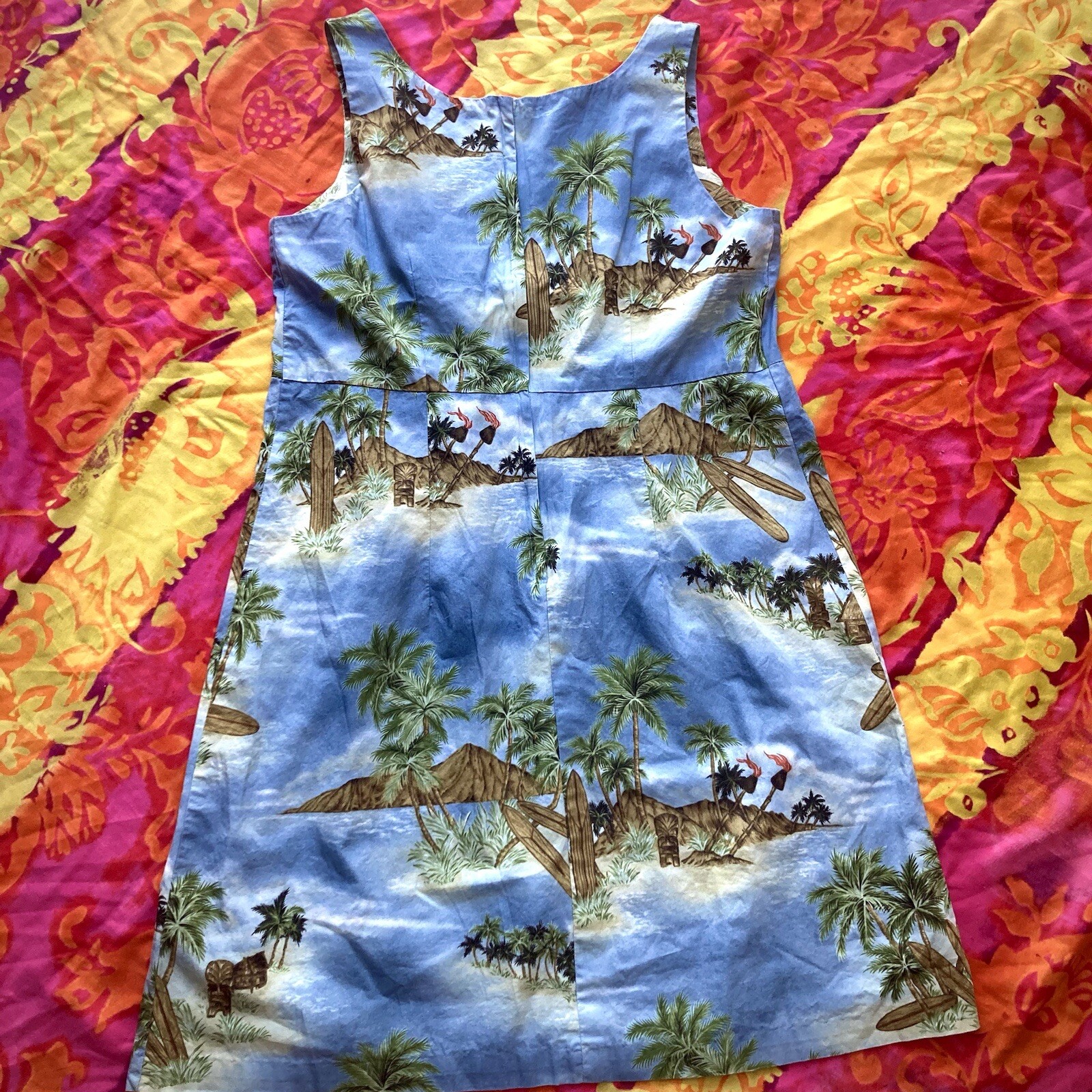 Hilo Hatties 1990s tropical Hawaiian light blue sleeveless sheath dress Size 14