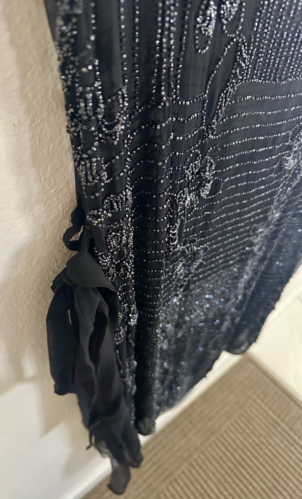Antique Art Deco Beaded Silk Chiffon Tabard Dress Black Glass Beads 1920s Medium