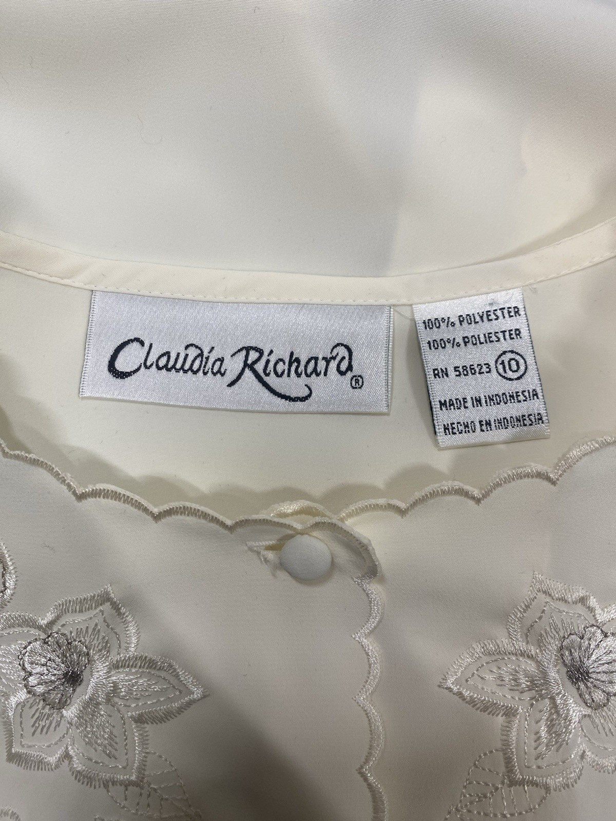 Vintage Blouse Top SIZE LARGE 10 ivory embroidered CLAUDIA RICHARD 80s 90s