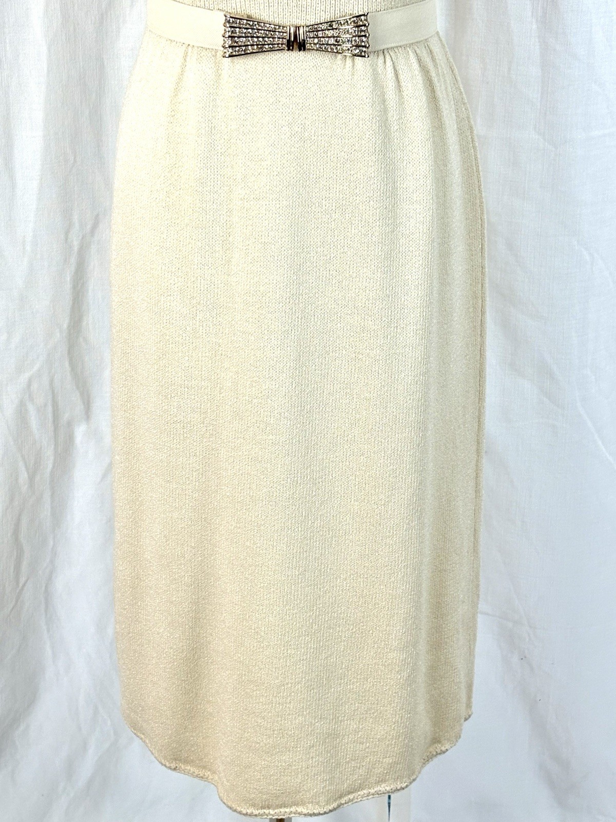 Vintage 80’s St. John Knits Cream Sweater Dress With Rhinestone Belt Luxury Sz 8