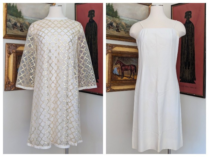 VTG 60s 2-PC Ivory Organza Gold Lattice Over Dress w/Sweet Slip Under Dress