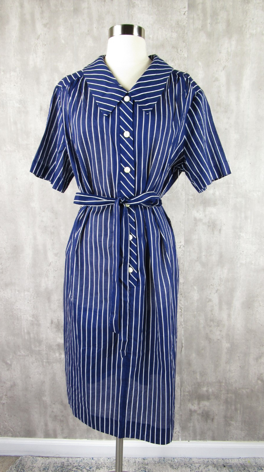 Vintage 40s 50s NEW NOS Blue White Striped Cotton Shirtdress Belted XL Bust 50″