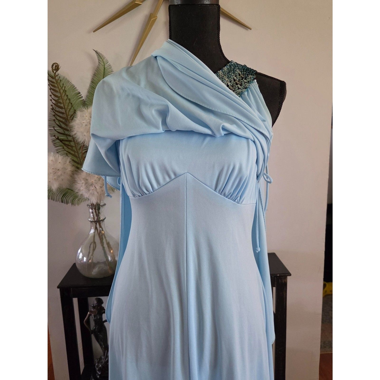 Vintage Grecian-style draped gown with sequin bollar-Powder blue, size 8/10