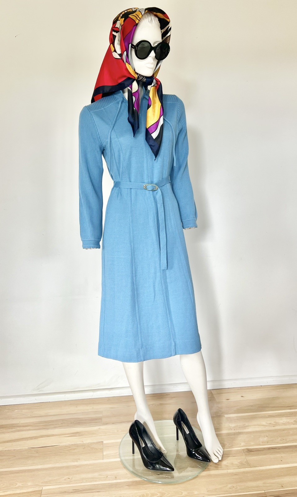 Vintage 60s 70s Le Donna Sky Blue 100% Wool Knit Stretch Belted Dress Hong Kong