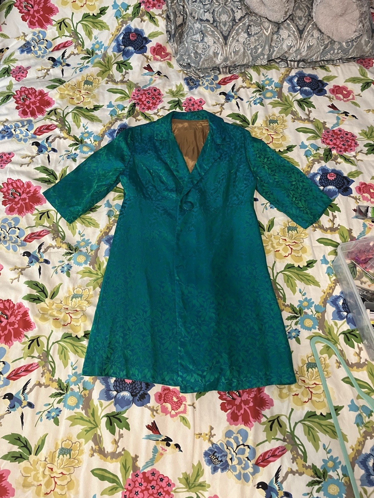 Vintage 1950’s 1960’s Evening Coat Emerald Green/blue Jacquard Pattern