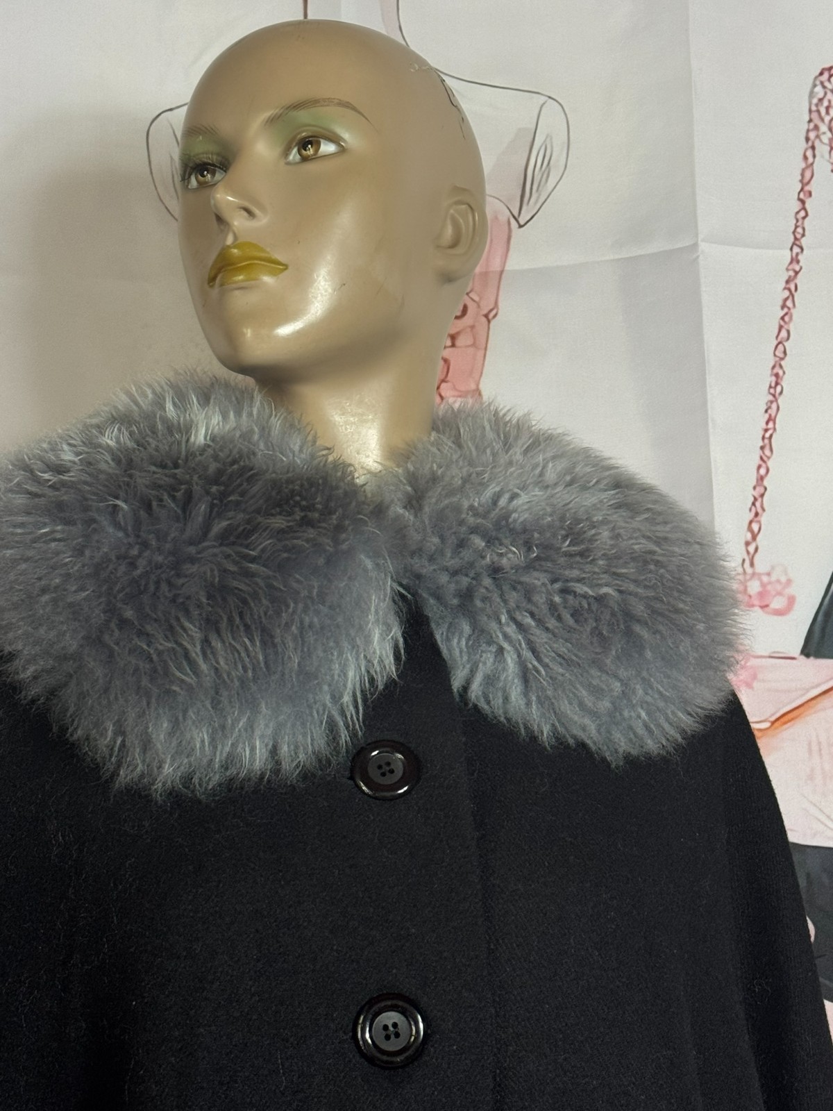 ✨ Vintage Couture Cape 60s Black Wool Cape Real Fur Collar Old Money XL