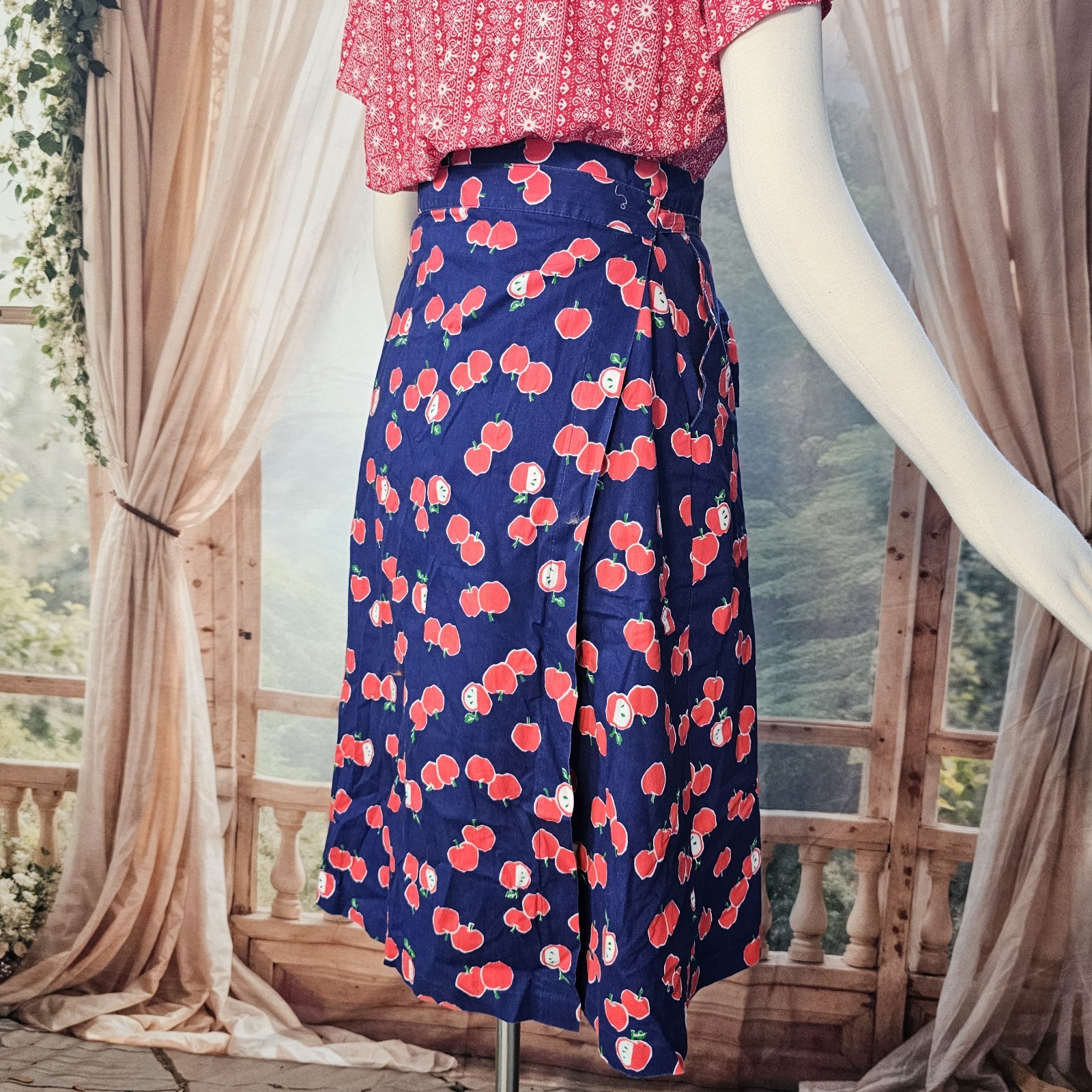 Vintage 1970s Wrap Skirt Navy Blue Red Apple Print Tie Closure Magic Union Label