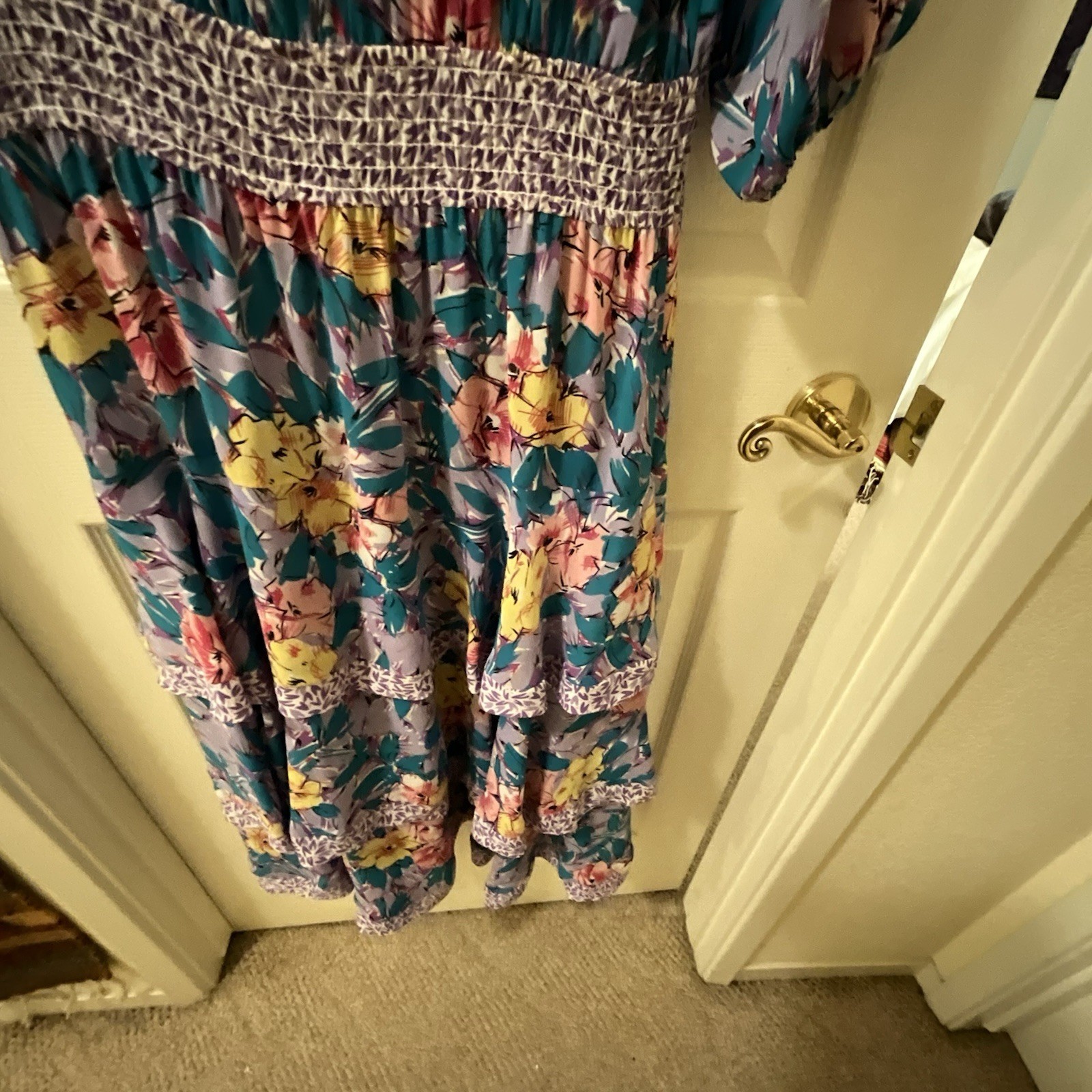 Vintage Susan Freis lavender/aqua Floral Ruffled Dress, Size Small VGUC